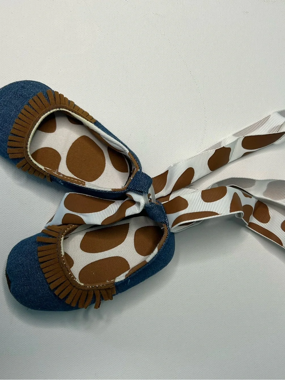 Mudpie Denim Fringe Moccasins in Blue and Brown 0-6 month 100% cotton